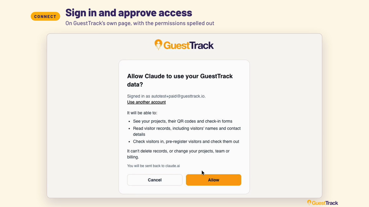 The GuestTrack page that asks you to allow an assistant to use your data