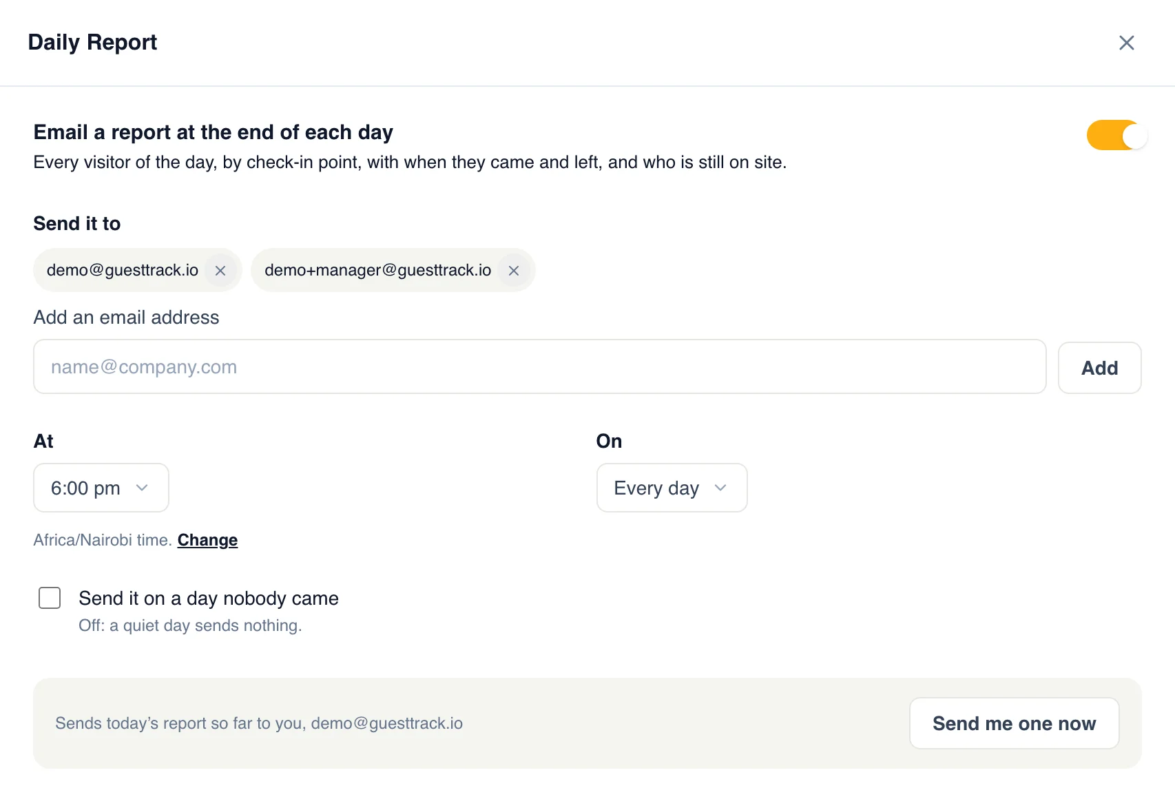 Daily Report in Check-in Setup: on, sent to two addresses at 6:00 pm every day, Africa/Nairobi time, with Send me one now