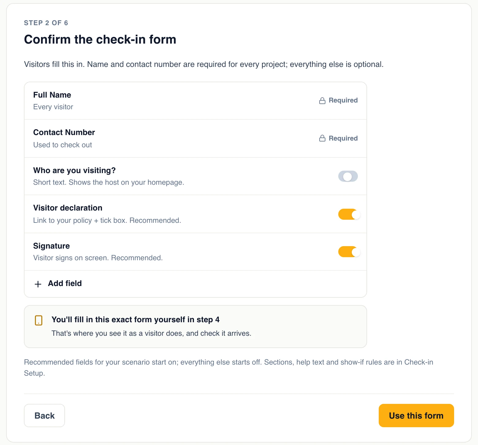Step 2 of Get started: the check-in form with Full Name and Contact Number required, and switches for who they are visiting, a visitor declaration and a signature