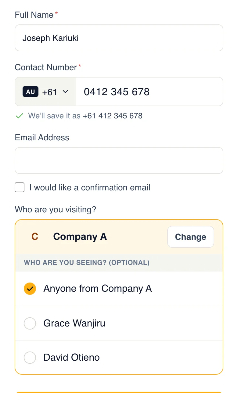 A visitor's check-in form with Who are you visiting? answered: Anyone from Company A