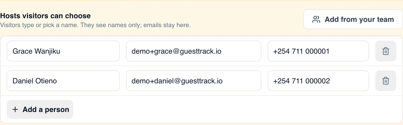 The host list: Grace Wanjiku and Daniel Otieno, each with an email and a mobile for texts