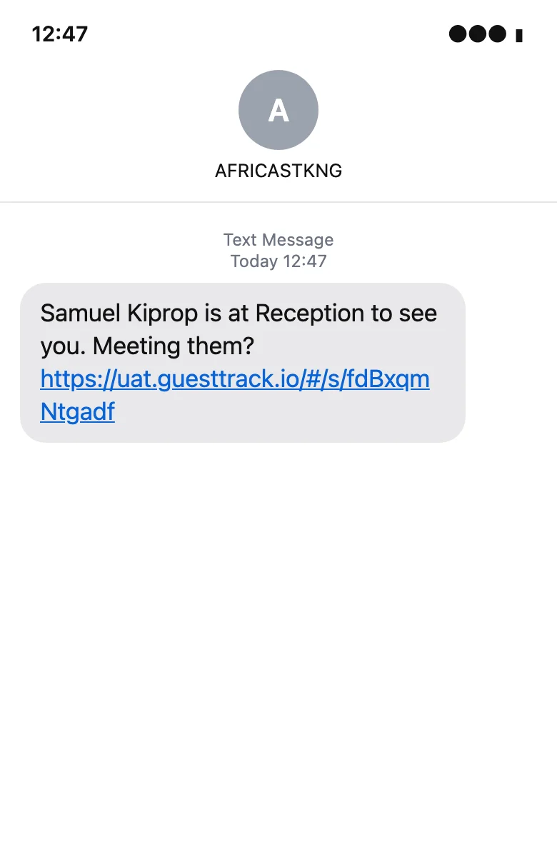A host's phone: Samuel Kiprop is at Reception to see you. Meeting them?