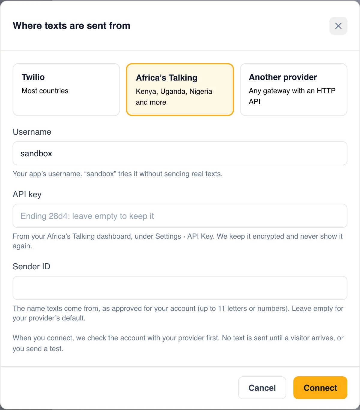 Where texts are sent from: Twilio, Africa's Talking or another provider, with the username and API key