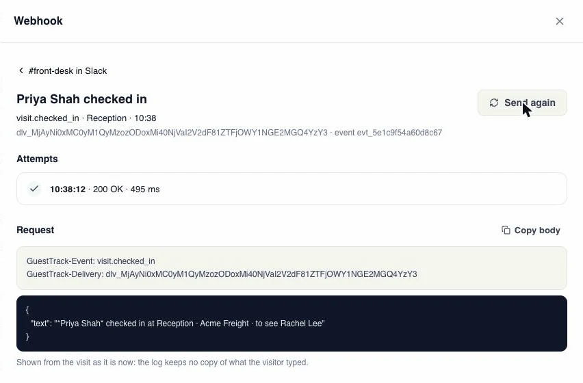 GuestTrack: Priya Shah checked in. Attempt 10:38:12, 200 OK, 495 ms, with the request sent and the response