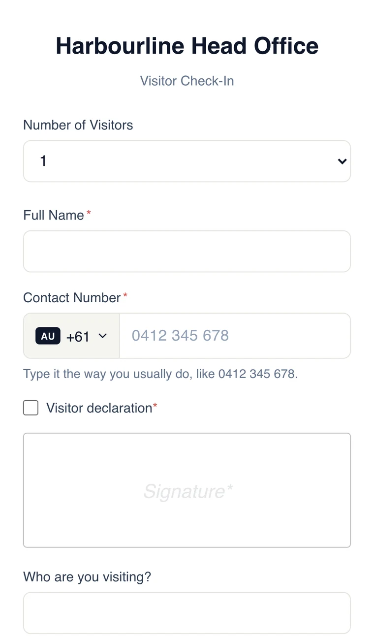 The visitor check-in form on a phone: number of visitors, name, contact number, a declaration and a signature