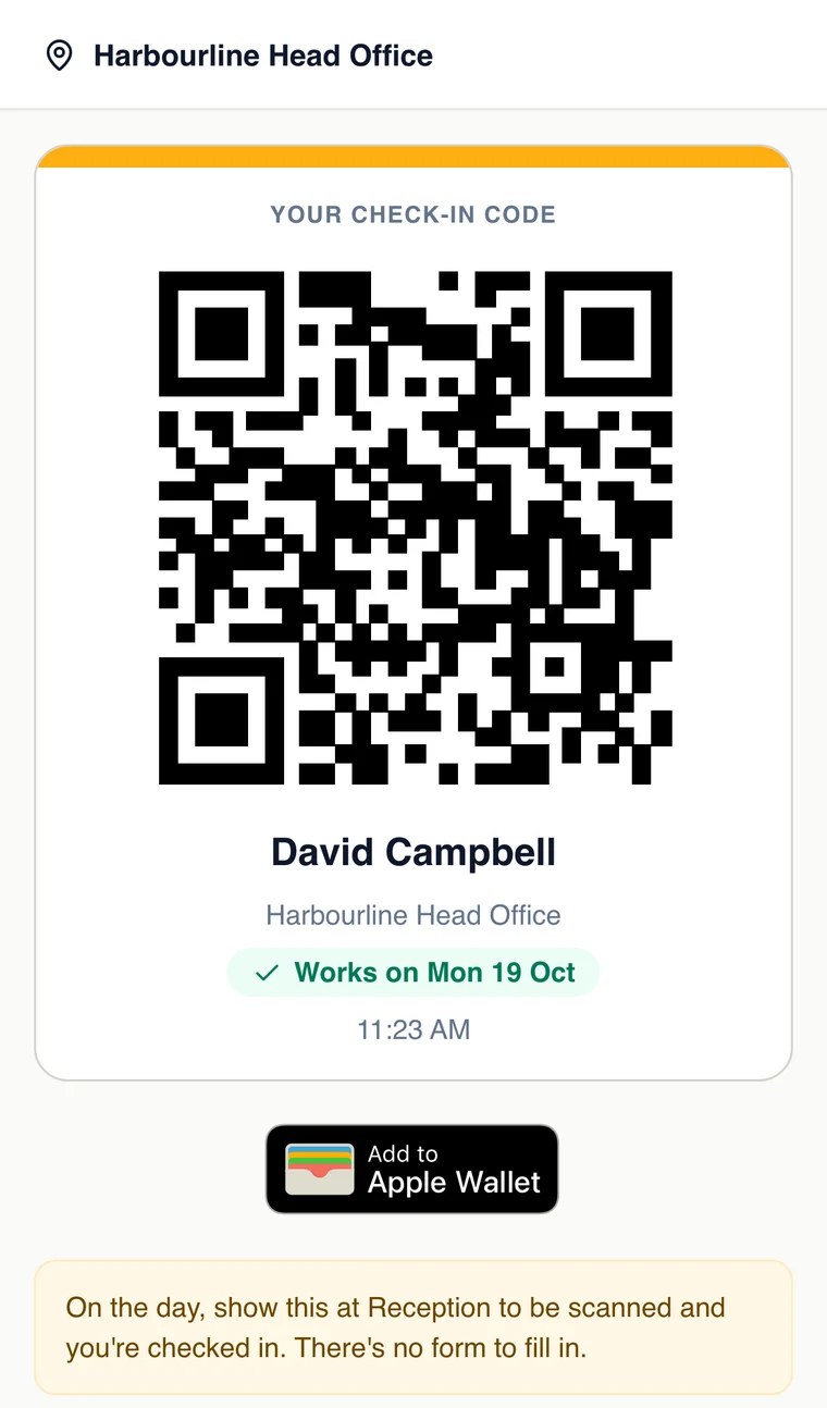 David Campbell's invite on an iPhone: his check-in code and an Add to Apple Wallet button