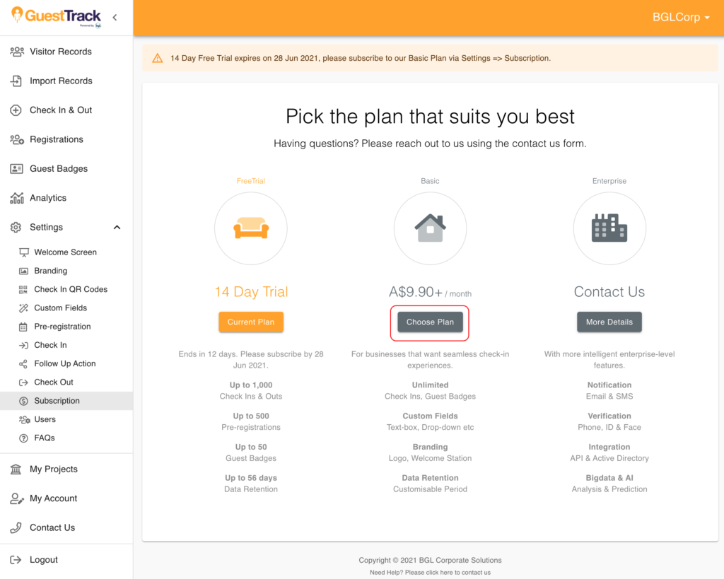 Subscription settings