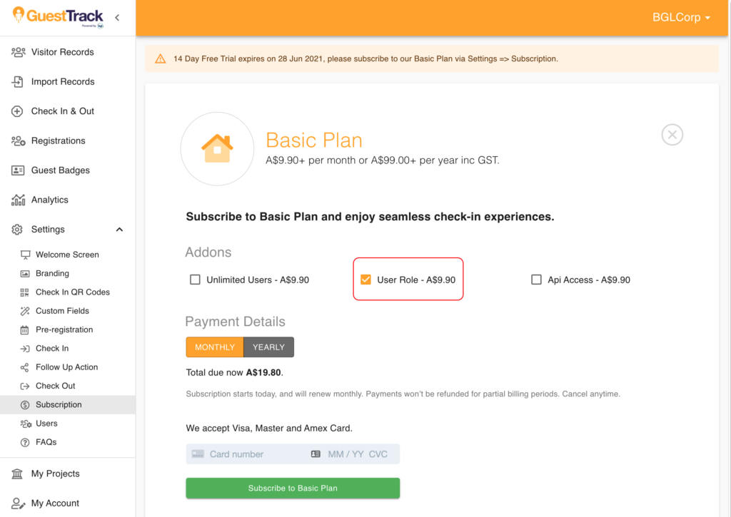 Select User Role add-on