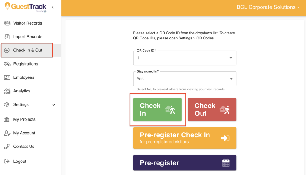 Check In & Out dashboard